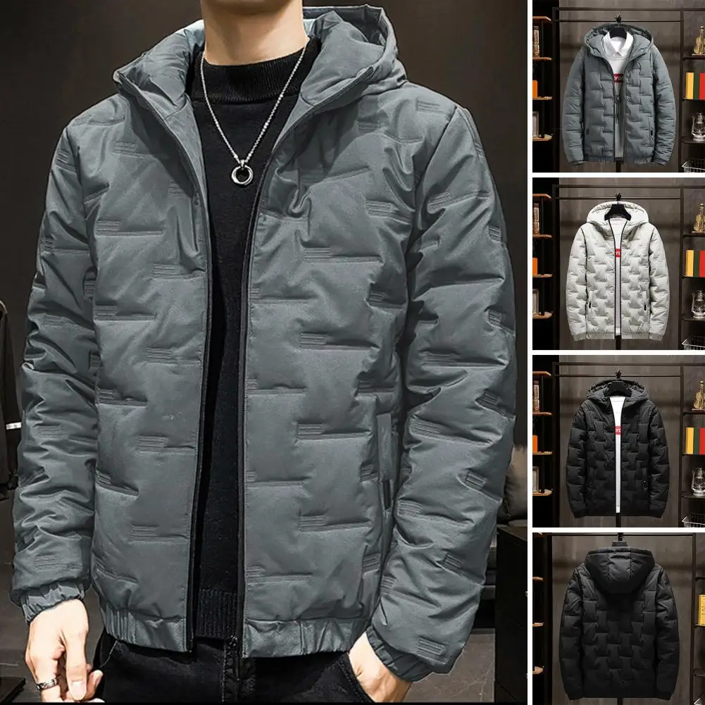 Men Down Jacket Thick Warm Zipper Closure Hooded Coat Solid Color Casual Men Parkas For Winter