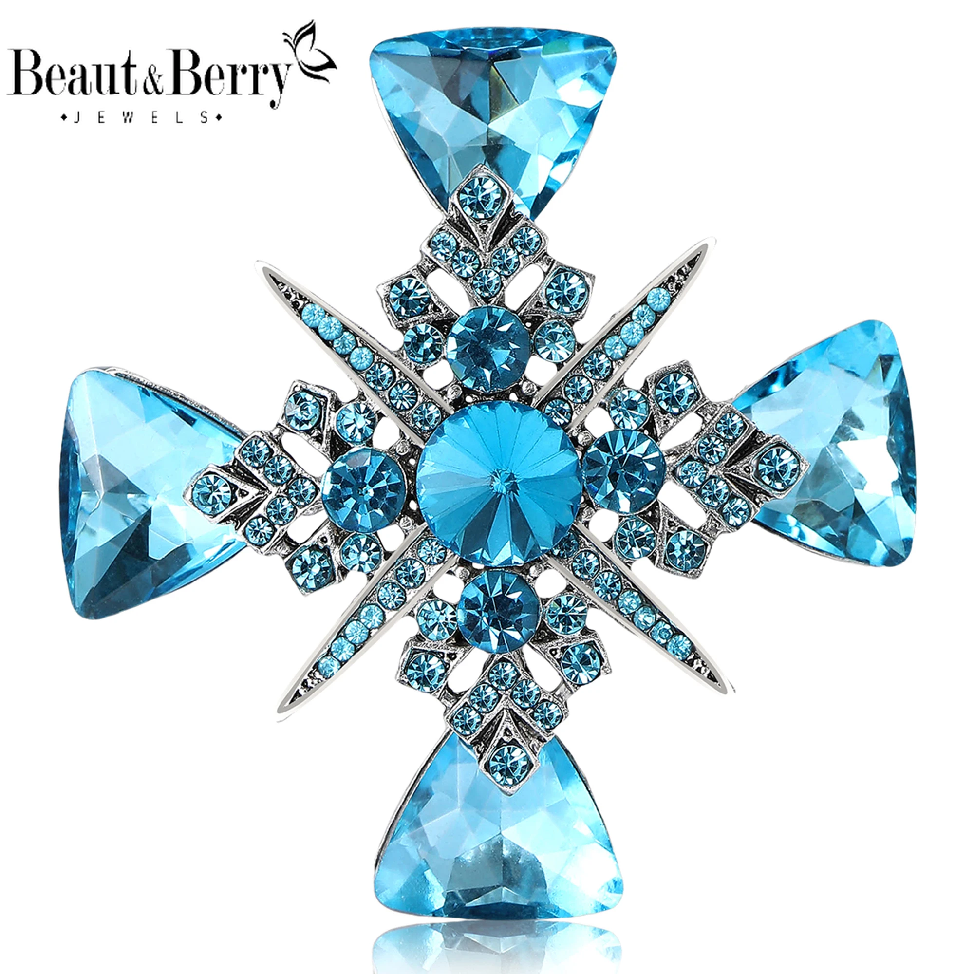 Beaut&Berry Luxury Rhinestone Maltese Cross Brooches for Women Jesus Pins Friends Party Gifts Banquet Jewellery Accessories