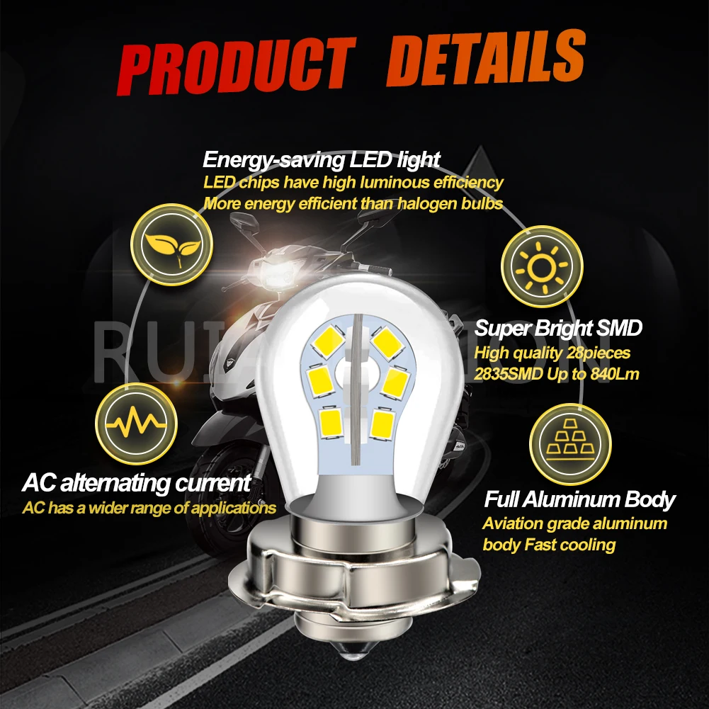 Two Pieces 6v LED Moto Bulb Motorcycle 6000k Headlight Motorbike Scooter Headlamp Fog Light Warm White - Image 2