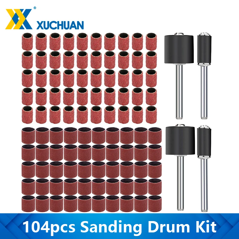 

104pcs 80 Grit Sanding Drum Kit1/4 1/2 Inch Sanding Sleeves with 1/8'' Mandrels For Nail Dremel Accessories