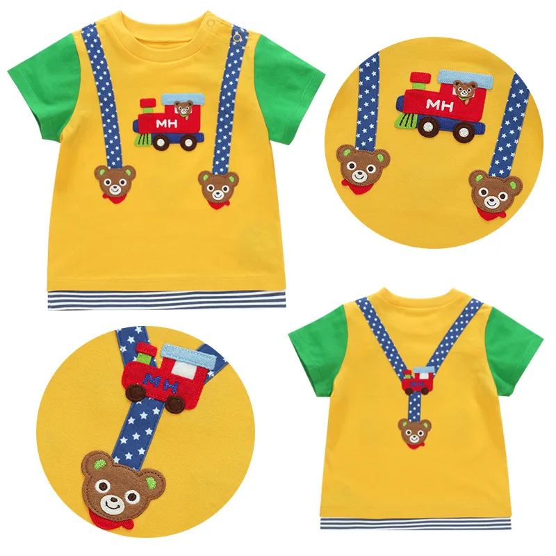 Summer New Cartoon Train Bear Embroidered Strap Color-blocked Crew Neck Short Sleeve T-shirt