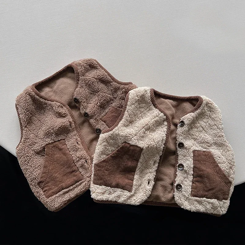 

Korean Edition Color Blocked Personalized Warm Tank Top Children's Color Blocked Plush Vest Winter New Boys and Girls Japanese