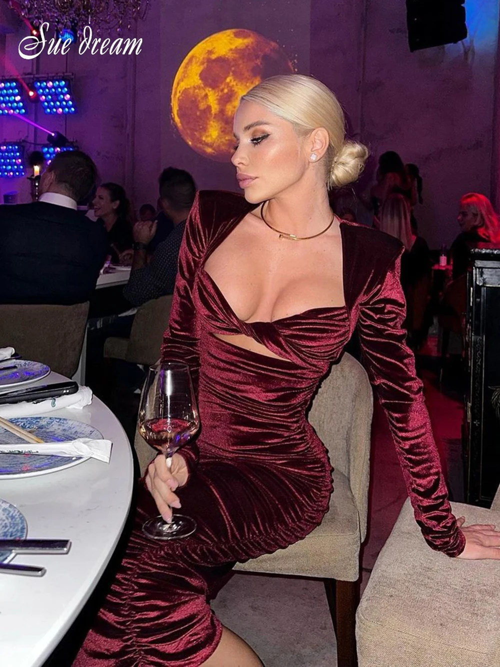 

2023 New Women's Draped Sexy Long Sleeve Deep V-Neck Cross Hollow Out Midi Dress Bodycon Celebrity Club Party Evening Dress
