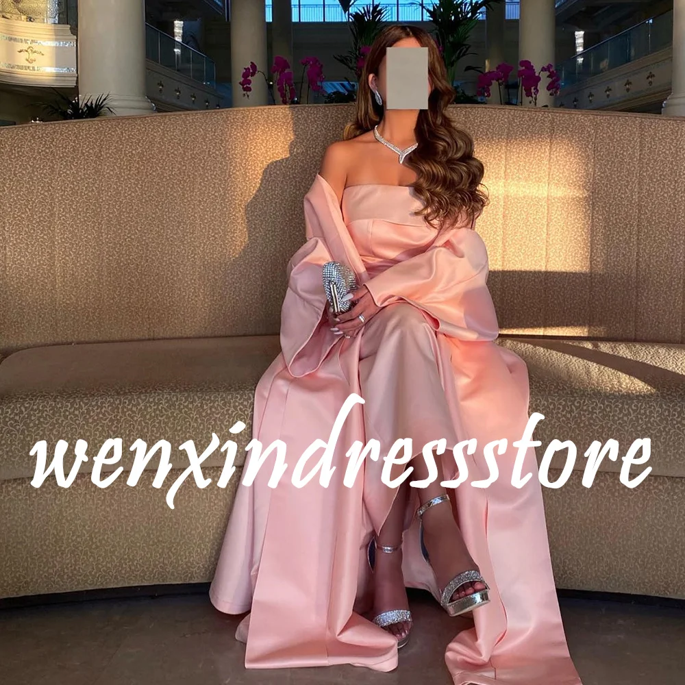 Dubai Evening Caftan Dress Pink Satin Long Sleeves Tea Length Straight Fashion Strapless Pleats Shawl Bespoke Occasion Gowns