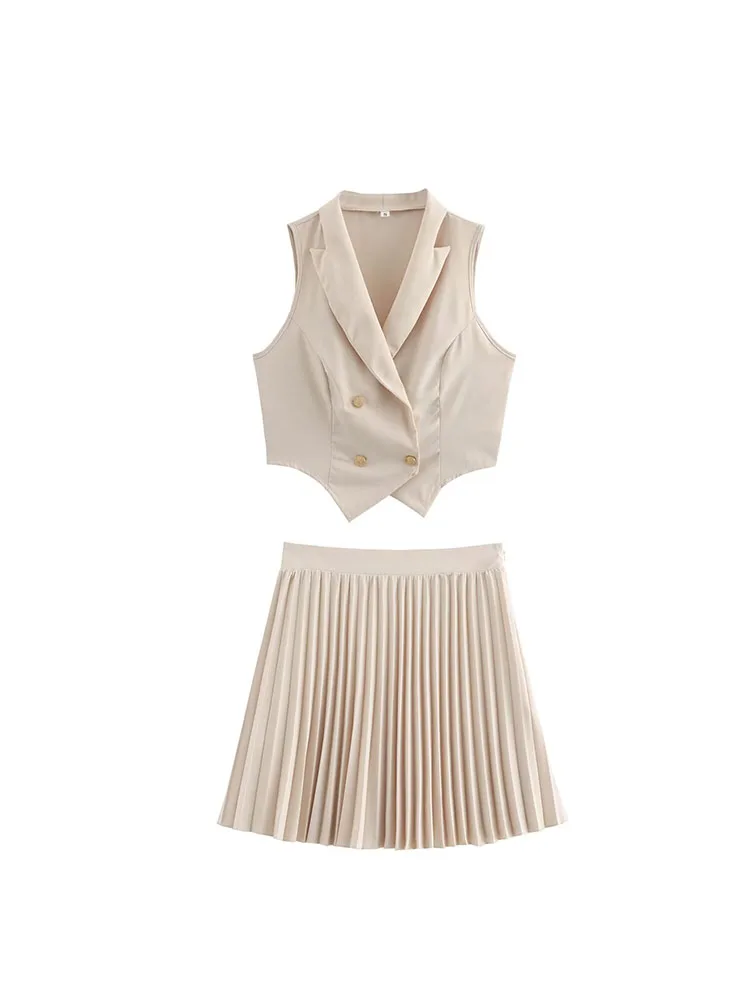 

2024 European and American style women's clothing new style temperament commuting sleeveless vest jacket pleated skirt suit