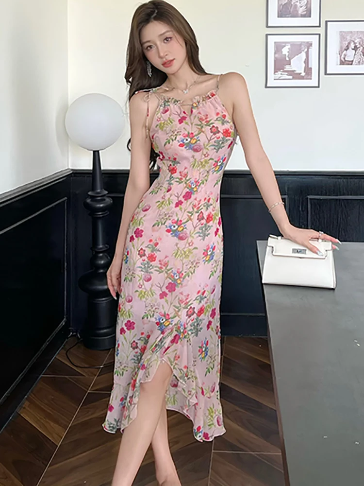 2025 pint Floral Chic à volants fronde Sexy longue robe femmes élégant décontracté plage Style robe été coréen moulante une pièce robe