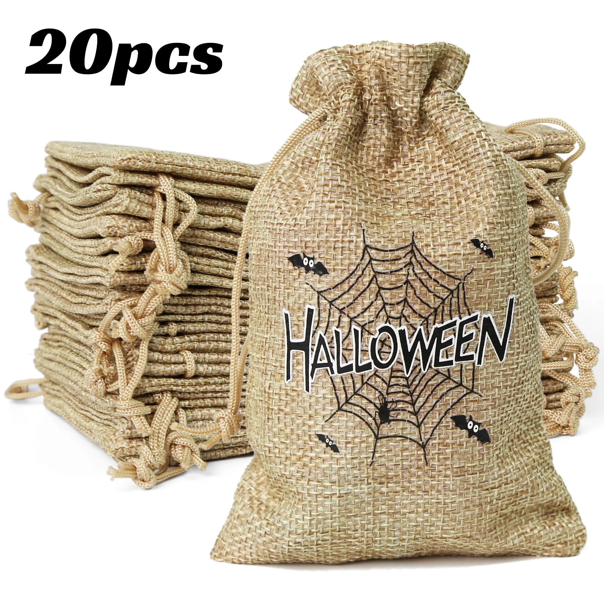 20PCS Halloween Orange Kordelzug Sackleinen Jute Geschenktüten DIY Hochzeit Gunsten Geschenk für Verpackung Süßigkeiten Schokolade Schmuck