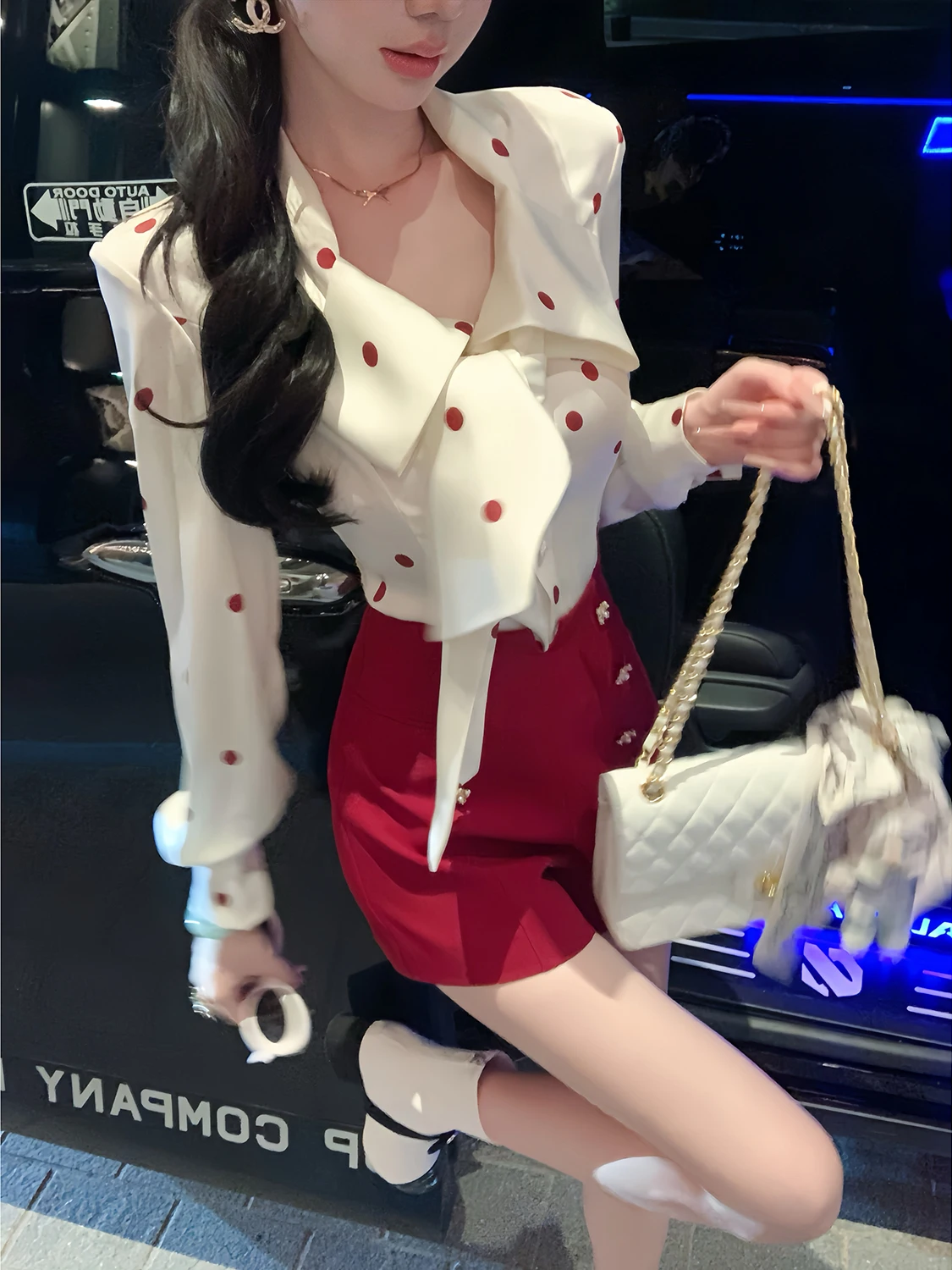 

2025 Autumn New Arrival French Sle Slim Fit Polka Dot Long Sve irt Suit ort Pants Two Piece Set Women's Premium Faion