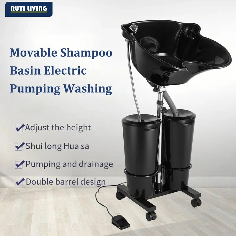 Portable Shampoo Sink Dual Bucket 10L Electric Pump Height Adjustable Hair Wash Basin with Wheels for Salon Home Care