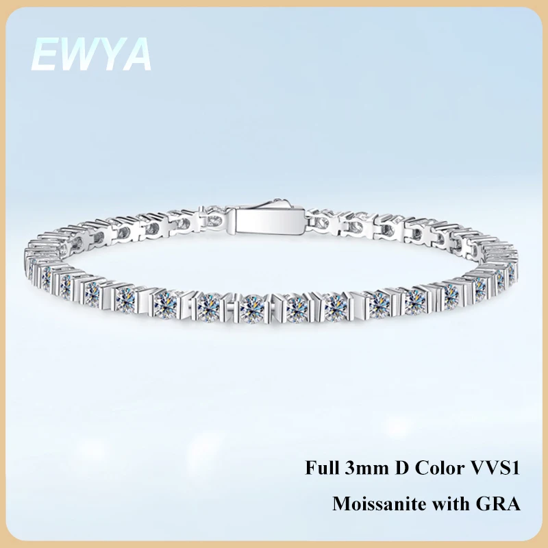 

EWYA New In 3mm 0.1ct Full Moissanite Tennis Bracelet for Women Men 925 Silver Plated 18k Spring Buckle Bangle Bracelets Gift