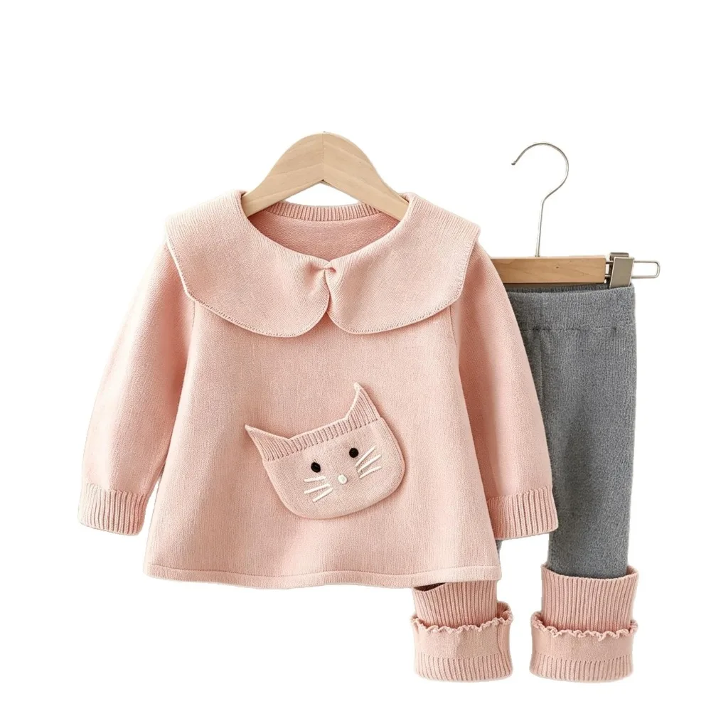New Autumn Winter Girls Knit Two Piece Set, Cartoon Cat Pocket Lapel Sweater With Knitted Leggings Outfit for90-130cm