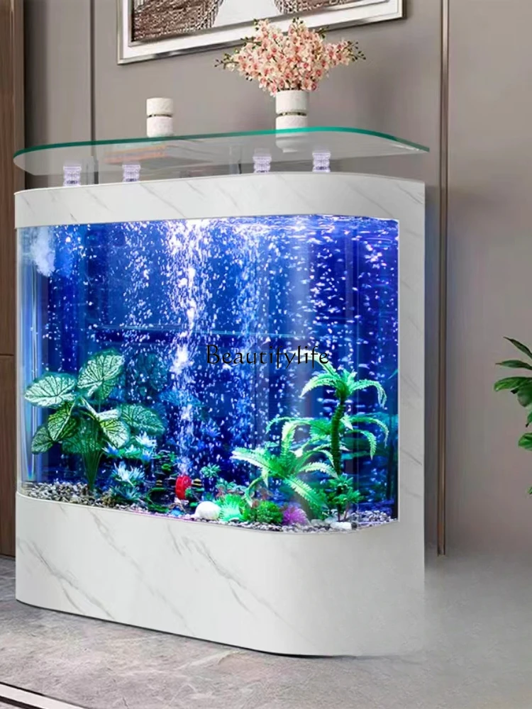 Simple round HD Glass Floor Vertical Fish Tank against the Wall Change Water