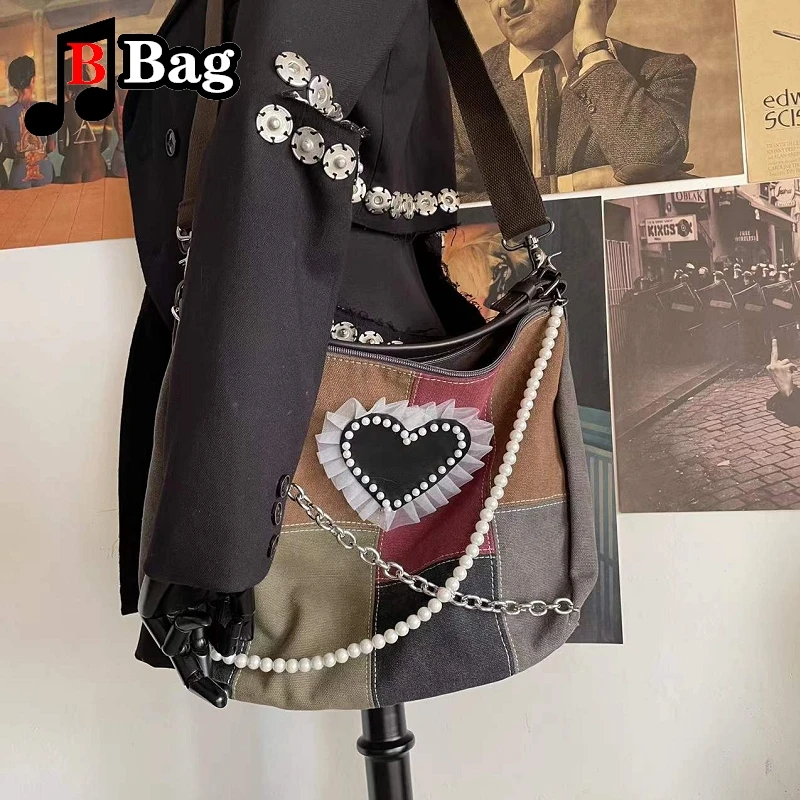 Y2K Women Girls Vintage Canvas Single Shoulder Underarm Bags Tote Lady Fashion trend pearl chain messenger bag handbags