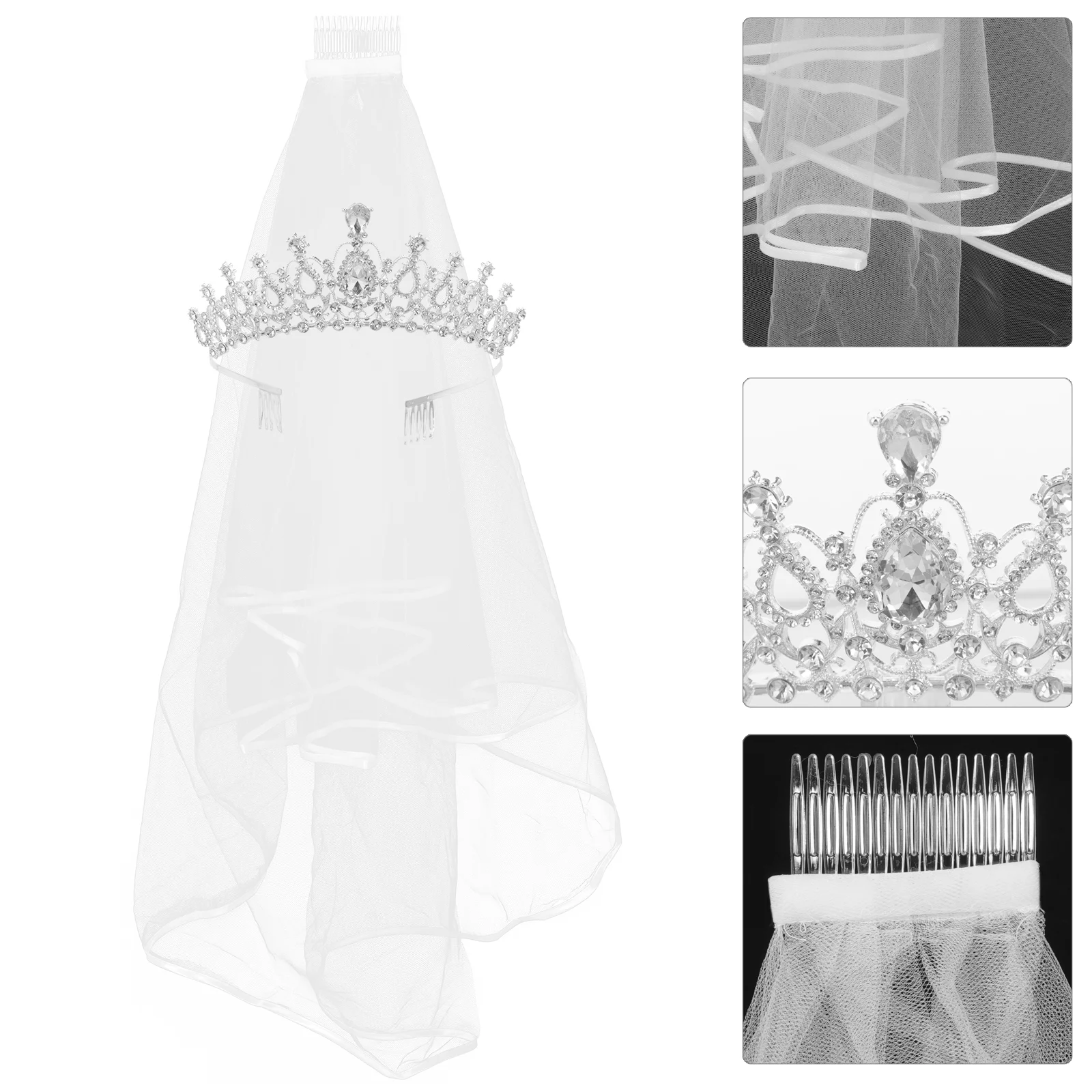 2PCS Frcolor Rhinestone Tiara Crown Veil With Comb Elegant Design Rhinestone Ribbon Comb Crown Communion Veil