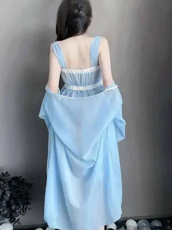 핫 메쉬 섹시 레이스 시스루 블루 스위트 2025 신상 드레스 유혹적인 한복 시스루 투명 유니폼 자수 탑 드레스 우아한 YG5