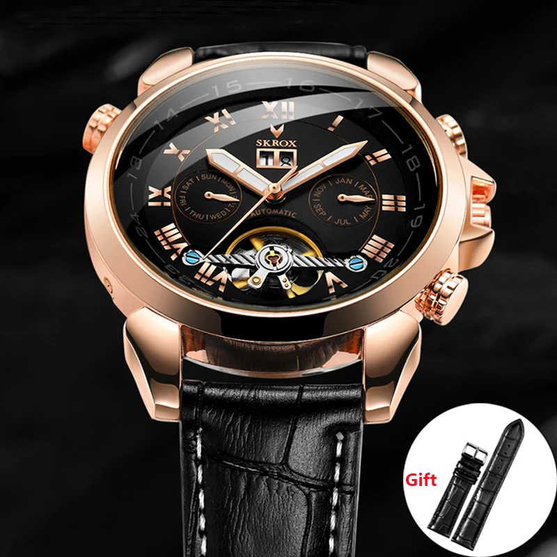 SKROX Luxury Brands Tourbillon Calendar Automatic Movement Men's Watch Military Mechanical Wrist Watches Business Leather Wrist