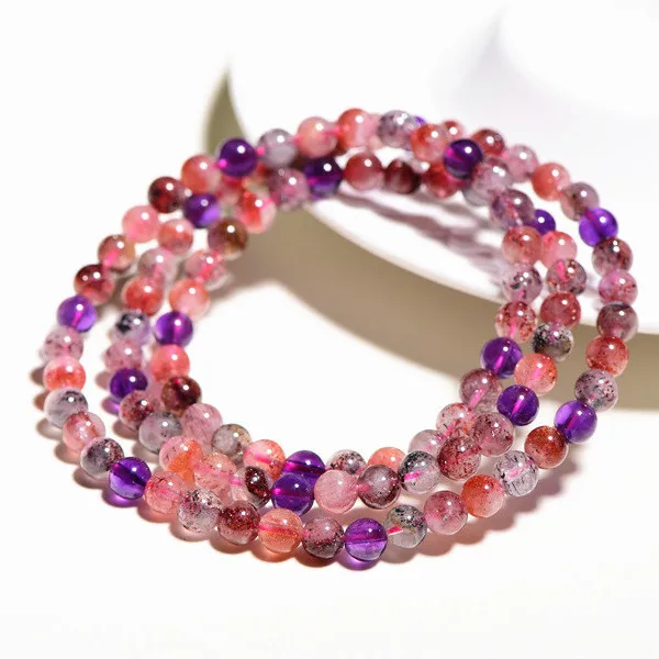 

Natural Purple Super Seven 7 Rutilated Red Lepidocrocite 3 Laps Bracelet 5mm Clear Round Beads Crystal Women Men AAAAAAA