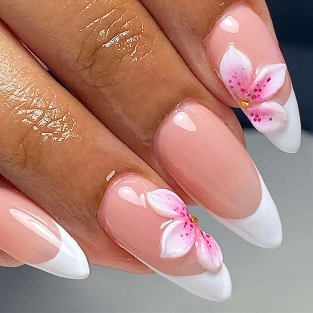 24 pièces amande 3d gel fleur blanc pointe française presse sur les ongles, ajustement parfaitement acrylique faux ongles ensemble, contient 1 pièces de colle gelée et 1p