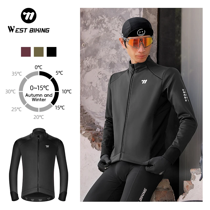 WEST BIKING Cycling Jersey Long Sleeved Men Women Jacket Double Layer Liner Reflective Logo  Full Zipper 3 Rear Pockets 0-15℃