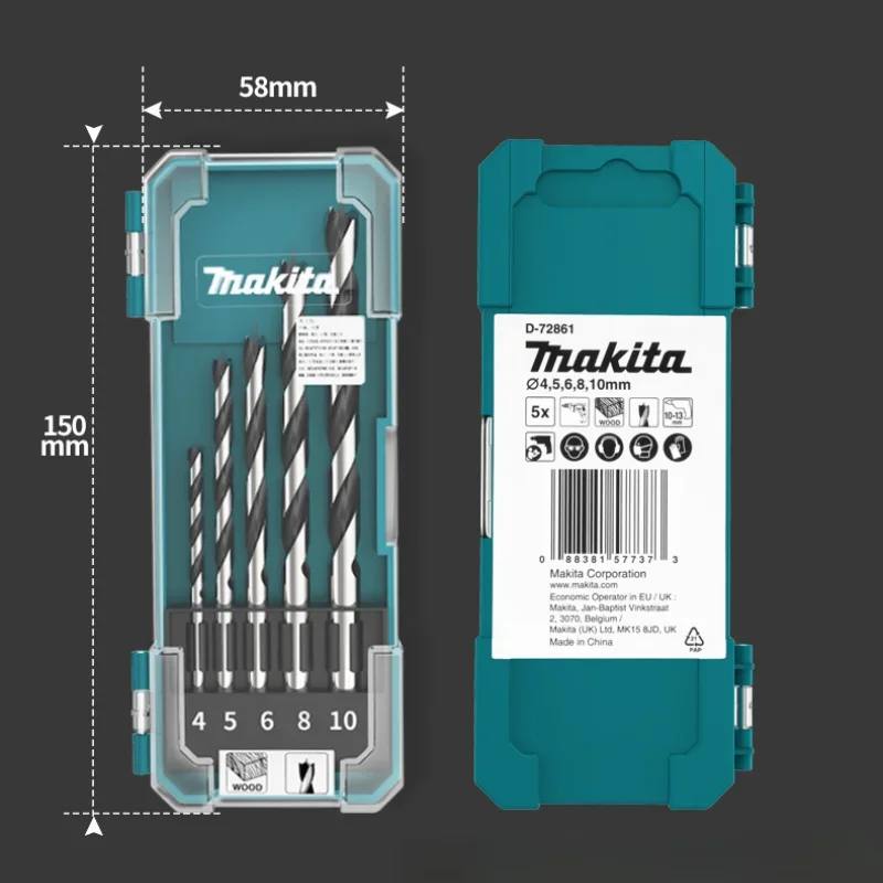 Makita D-72861 Wood Spiral Drill Bit Set 5PCS 4MM 5MM 6MM 8MM 10MM For Hard Soft Wood Chipboard Power Tool Accessories