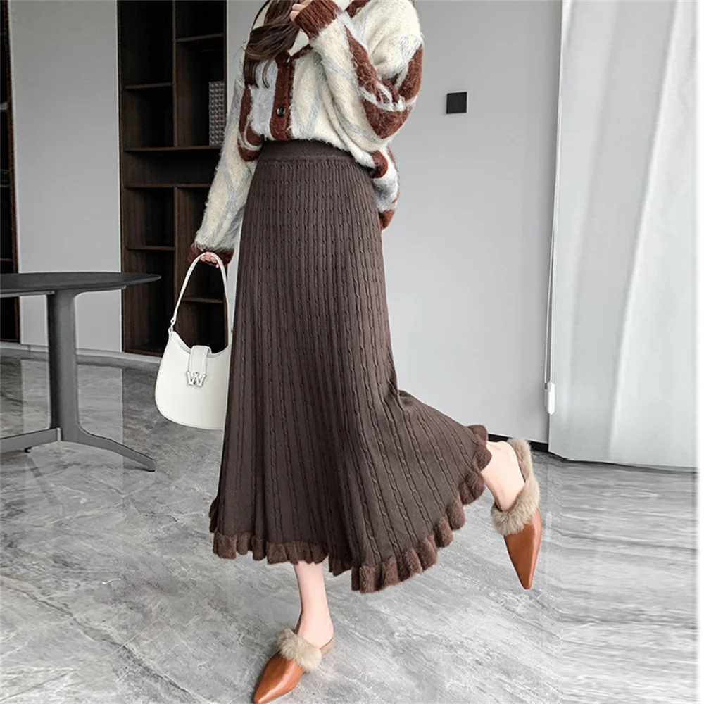 2026 New High Waist Thick Knitted Skirt for Women's Wool Skirt Autumn Winter Elastic Ladies Ruffles Pleated Skirts