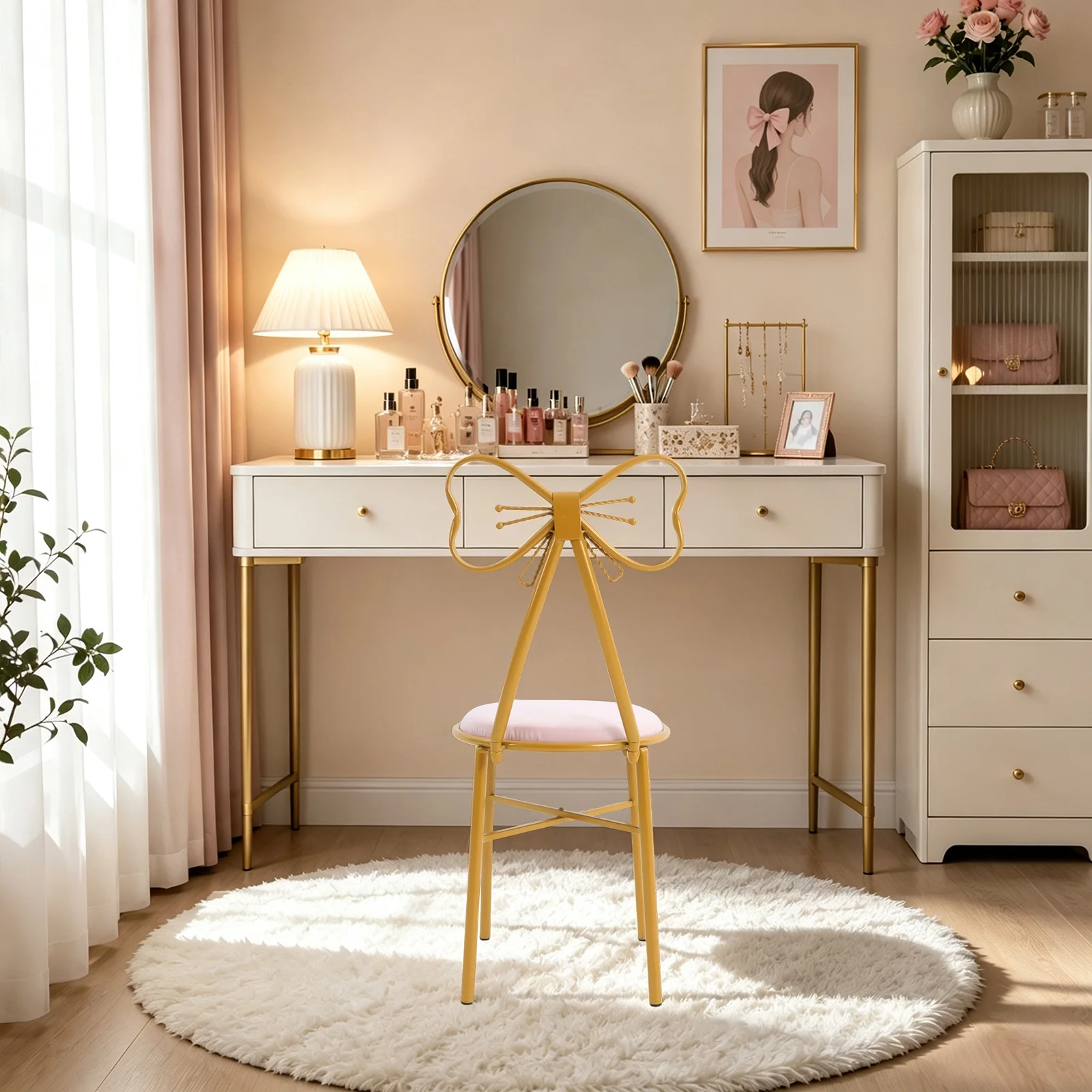 Butterfly-Shaped Vanity Chair, Makeup Chair, Dining Chair, Light Pink Flannelette Upholstered, Iron Frame, Girly Style, Butterfly Backrest, Bedroom, Living Room, Salon, Nail Salon, Restaurant, Wedding, Floor Standing, Load 100kg