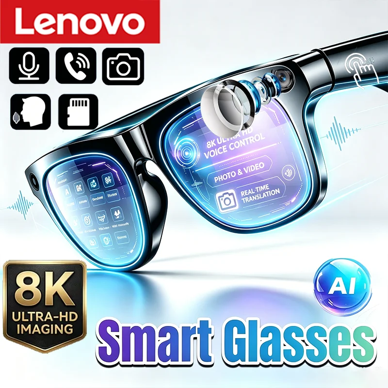 Óculos Inteligentes Bluetooth AI Lenovo 8K com Gravação, Controle Remoto, Tradutor, Assistente de Voz, Câmera e Controle por Toque