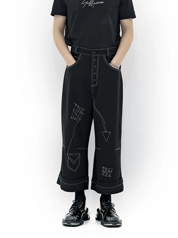 

2022 Spring and Autumn men press white line wide leg pants Bell bottom style black roll edge wide legs