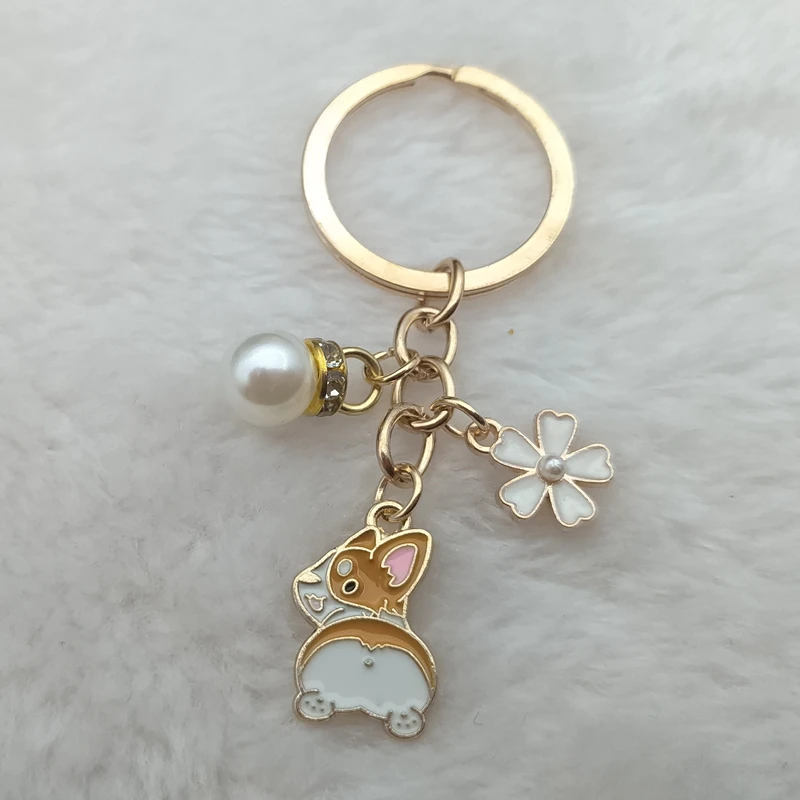 

Cartoon Corgi Anime Keychain Cute Flower Pendant Car Keychain Women's Bag Pearl Pendant Keychain Mobile Phone Strap Gift