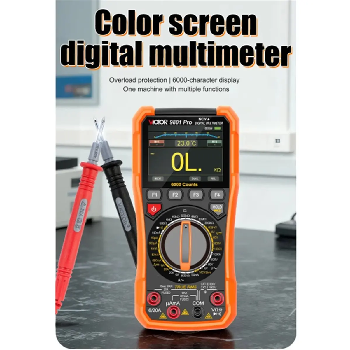 Y883A*☀▃ VC9801pro Color Screen Rechargeable Multimeter 1000V/20A 5999Counts NCV/T-RMS Tester with Accessories Type-C Charging