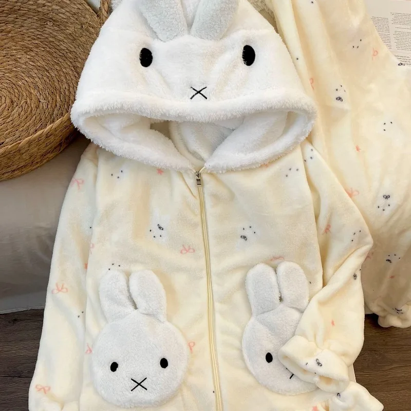 

New Kawaii Miffy Rabbit Plush Winter Pajamas Cute Sweet Warm and Thick Plush Home Clothes Set for Girls As A Gift