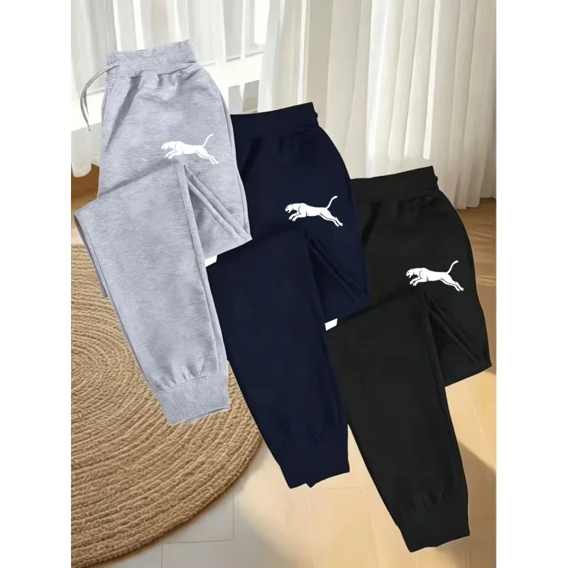 

3 Pack Casual Mens Track Pants White Jumping Panther Print Elastic Waist Ankle Cuff Athletic Trousers