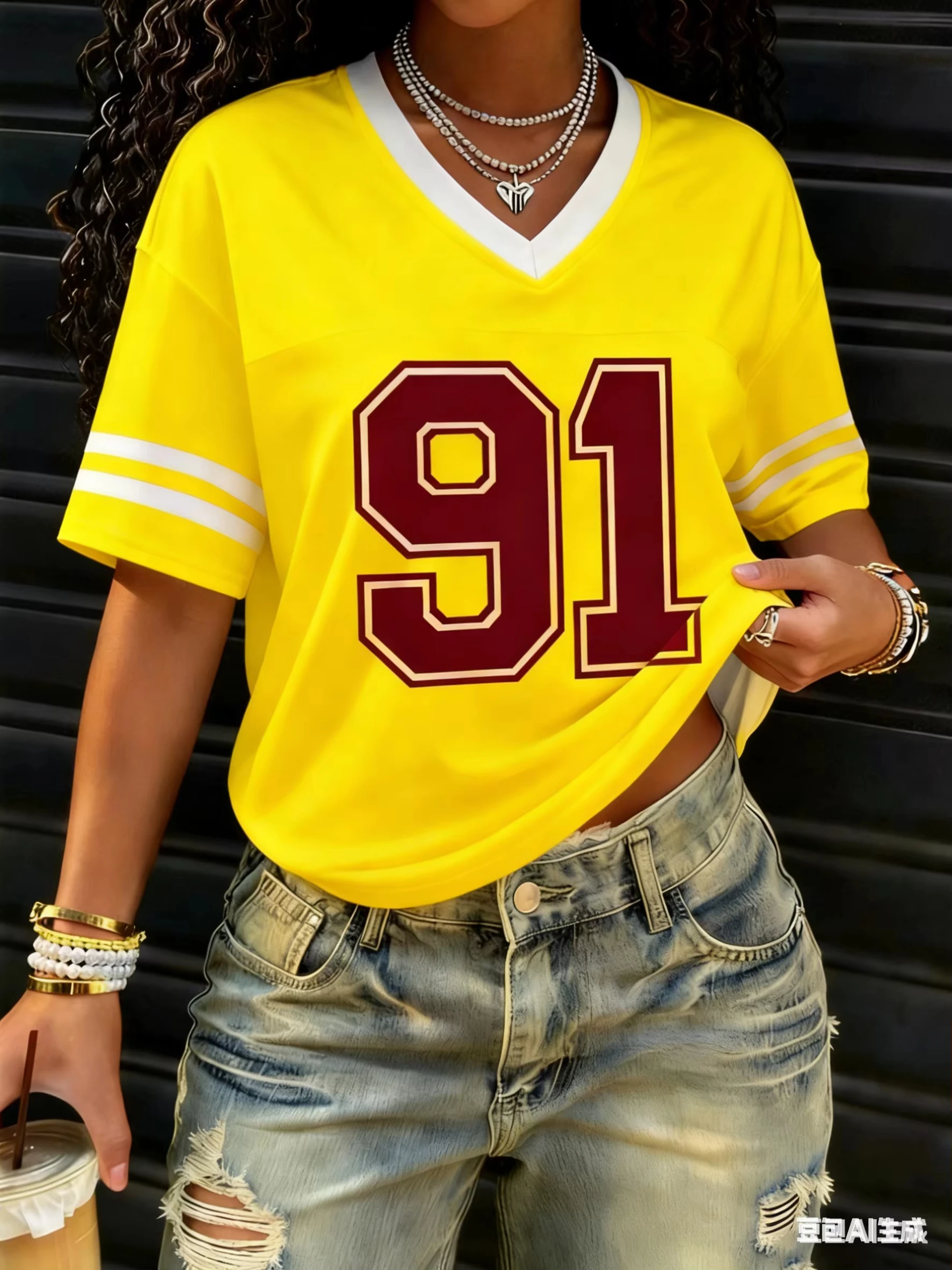 American Style Women‘s NO. 91 Print Fashion Comfortable Lightweight Breathable V-Neck Short Sleeved Baseball T-Shirt Tops Tee