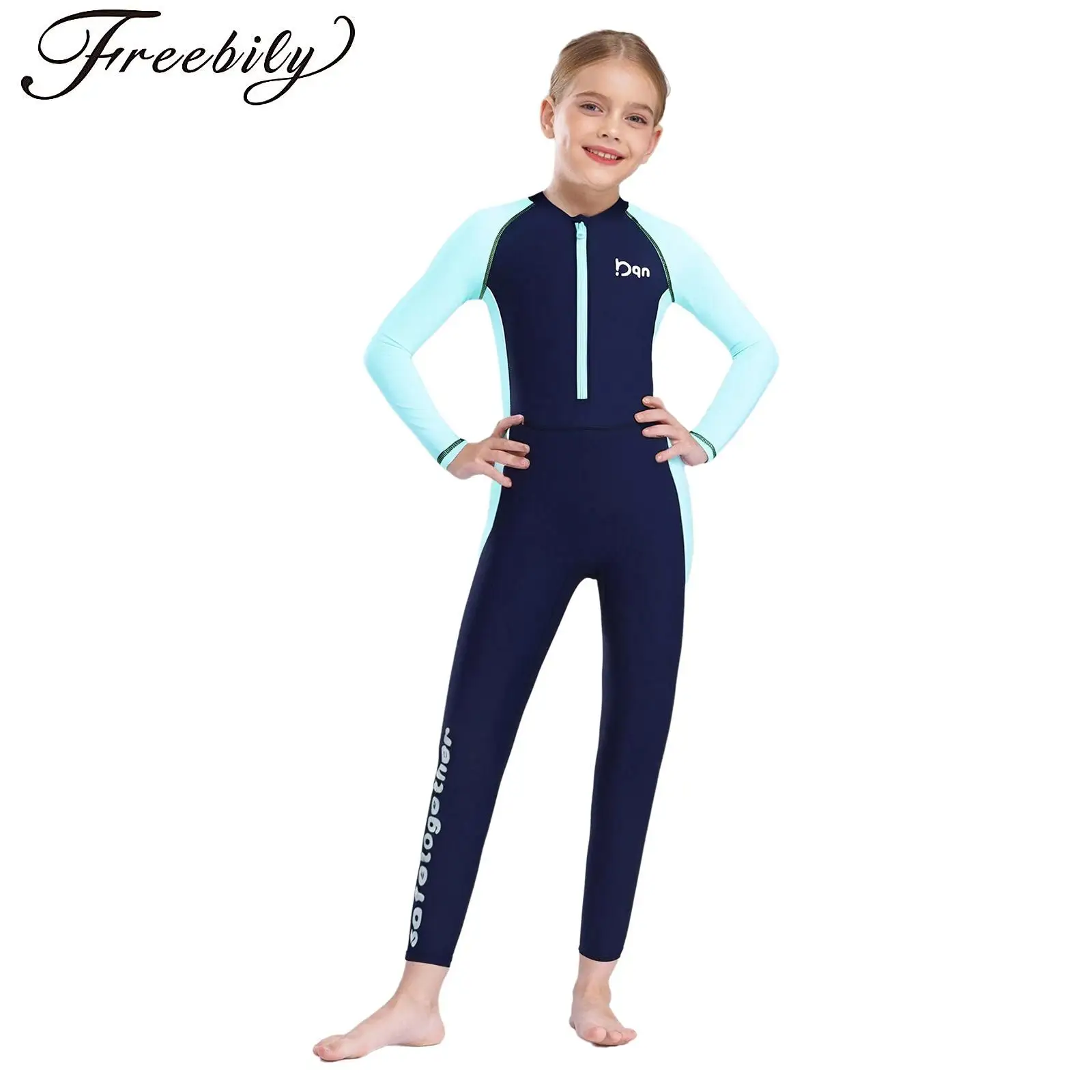 

Kids Long Sleeve Full Body Leotard Summer One Piece Swimsuit Front Zipper Jumpsuit Swimwear Surfing Snorkeling Bathing Suit