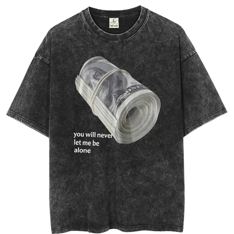 Mens vintage streetwear T shirt bundle of banknotes printed cotton short sleeve tees summer washed unisex distressed T-shirts