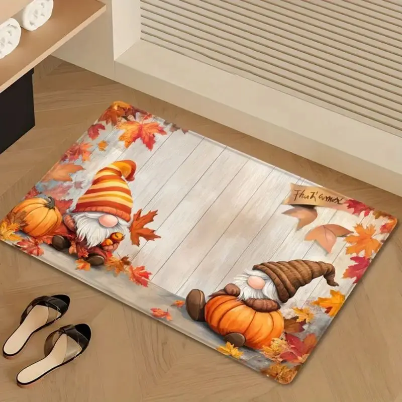 VIKAMA Fall Flannel Door Mat Two Gnomes Pumpkin Maple Leaf Thankful Print Non Slip Mat For Front Door Porch Autumn Decor
