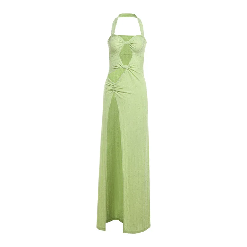 Vestido largo de fiesta para mujer, traje de fiesta con cuello Halter, sin mangas, ajustado, informal, con abertura lateral, color verde