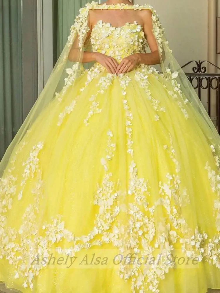 Customized Yellow Prom Dresses With Wrap Flower Applique Puffy Sweet 16 Girl Birthday Party Gown vestidos de 15 quinceañera 2024