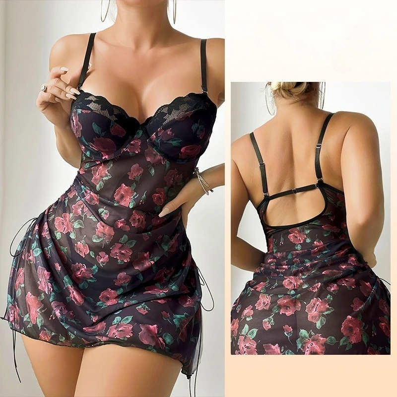 European American Rose-printed Memory Soft Steel Ribbed Halter Nightgown with Lace Trim and Drawstring Decoration Sexy Home Wear