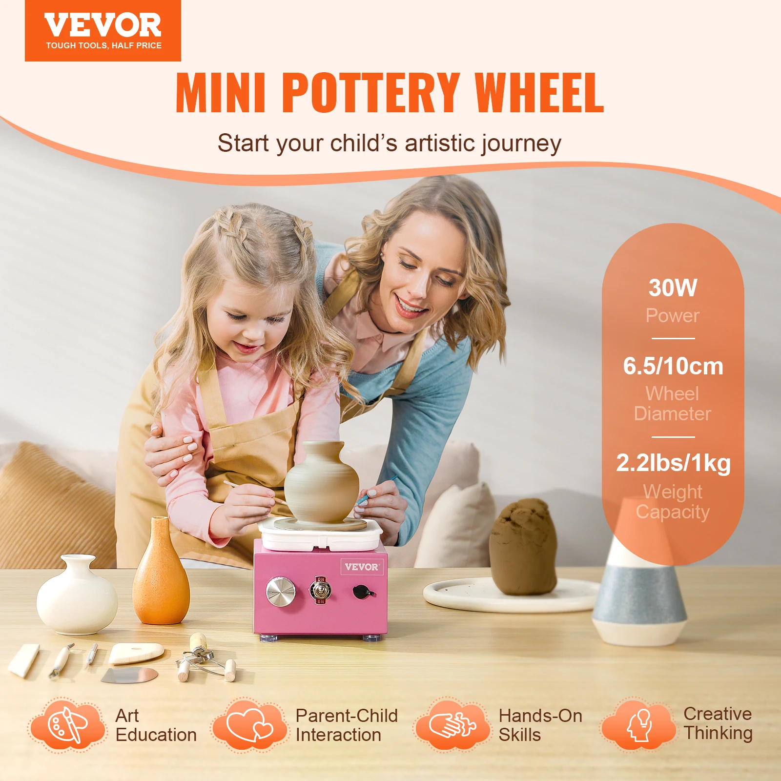 VEVOR Mini Pottery Wheel 0-320RPM Adjustable Speed Detachable Basin 2.56in/3.94in 2 Turntables for Art Craft Work Home DIY Pink