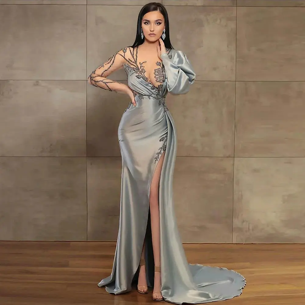 2024 Abendkleider tragen Silber Meerjungfrau lange Ärmel Illusion Kristall Perlen hohe Seite geteilt boden lang Party kleid Prom Gow