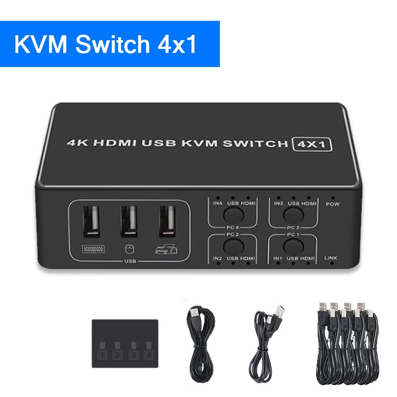 4K 60Hz HDMI KVM Switch 4 in 1 out HDMI USB KVM Selector 4x1 with 4-Port USB Hub Desktop Controller for PC Share Mouse Keyboard