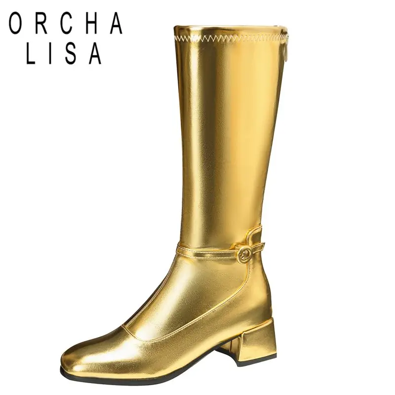 

ORCHA LISA 2025 Shiny Female Knee High Boots Square Toe Thick Heels 4.5cm Zipper Belt Buckle Plus Size 44 45 46 Soft Daily Bota