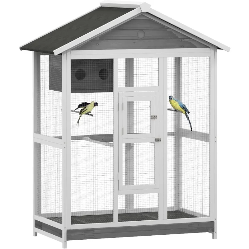 

64.5" Wooden Bird Cage Aviary, Flight Cage with 4 Perches, Nest and Slide-Out Tray for Indoor/Outdoor, Gray
