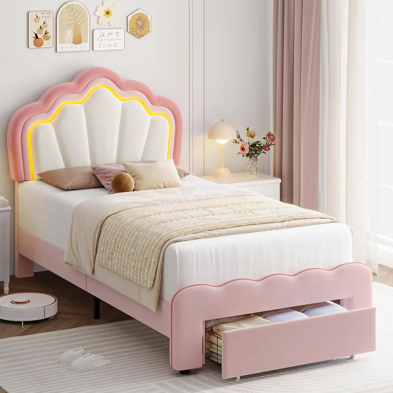 Twin Upholstered LED Bed Frame with Storage Drawer, Cute Girls Bed with Adjustable Lotus Headboard, Velvet Princess Platform Bed