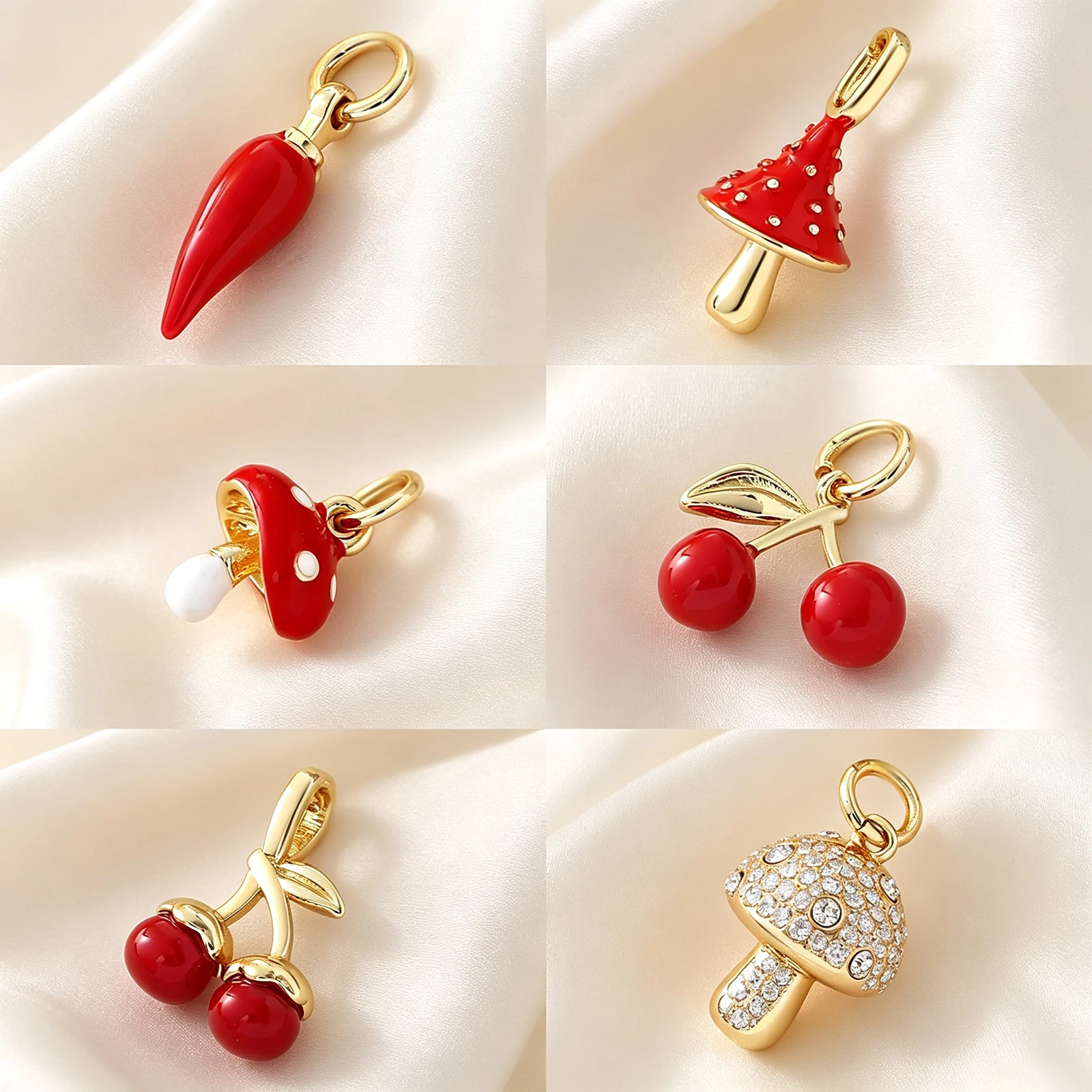 SUNSLL 5pcs/Lot Gold Plated Zircon Inlaid Cute Mushrooms Chili Peppers Cherries Pendant Party Jewelry Gift For Women Men