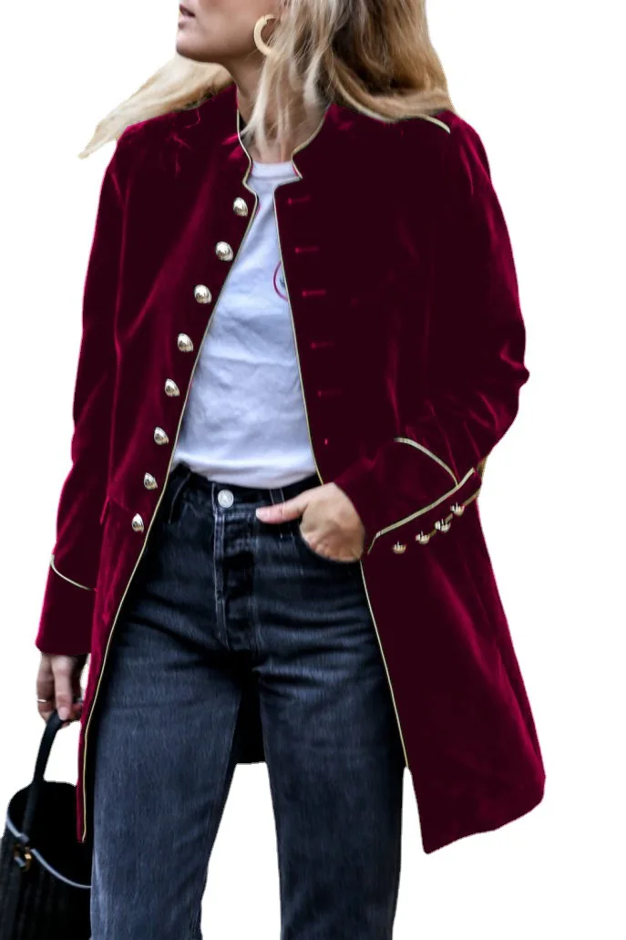 เสื้อโค้ทผู้หญิงแฟชั่นอุ่นๆ แต่งผ้าแบบแพทช์เวิร์ค สไตล์สตรีท สำหรับฤดูใบไม้ร่วงและฤดูหนาว แขนยาว ติดกระดุม ความยาวปานกลาง ทรงตรง