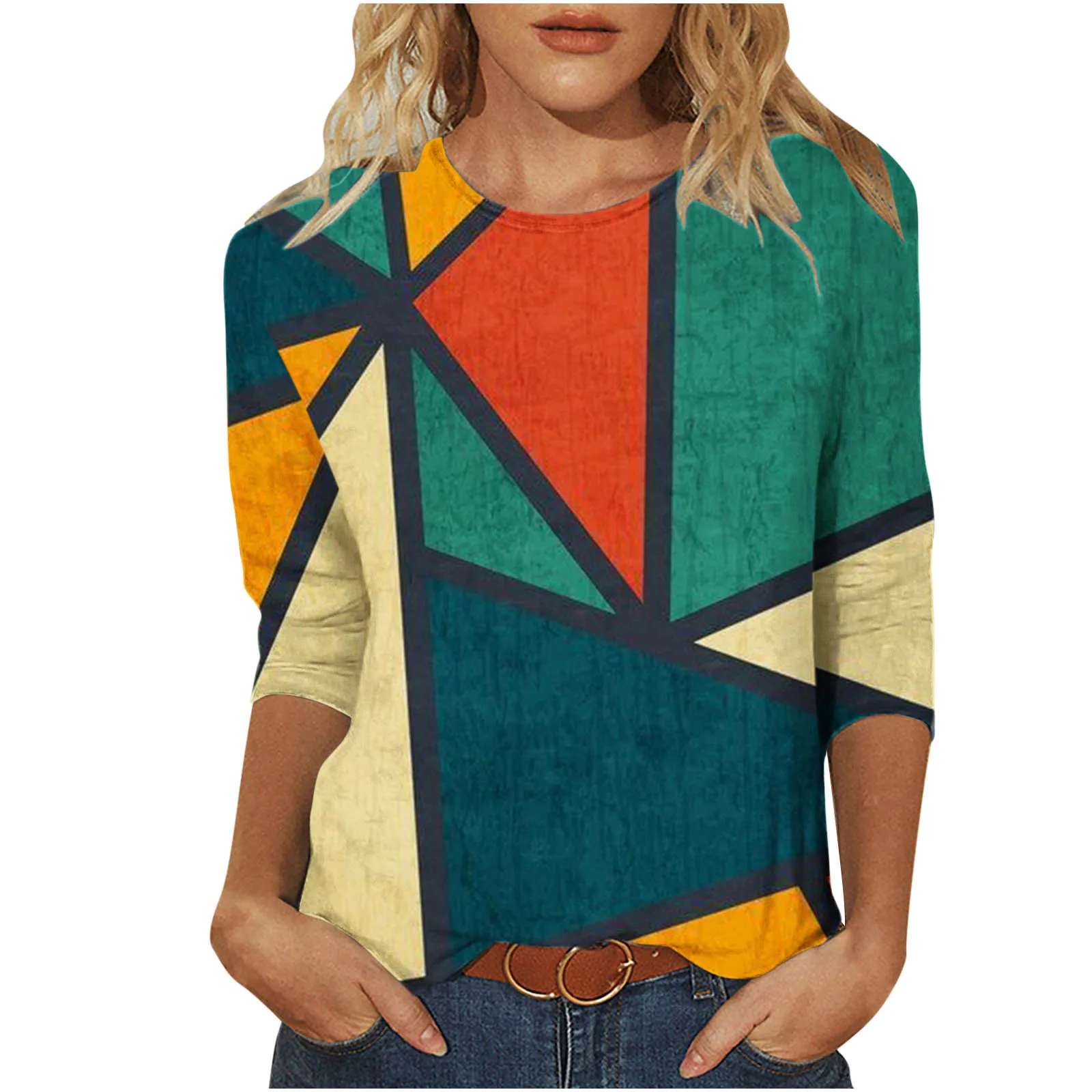 

Amazon Aliexpress Source 2024 Spring And Summer Geometric Series New Round Neck Seven Quarter Sleeve FashionWA21