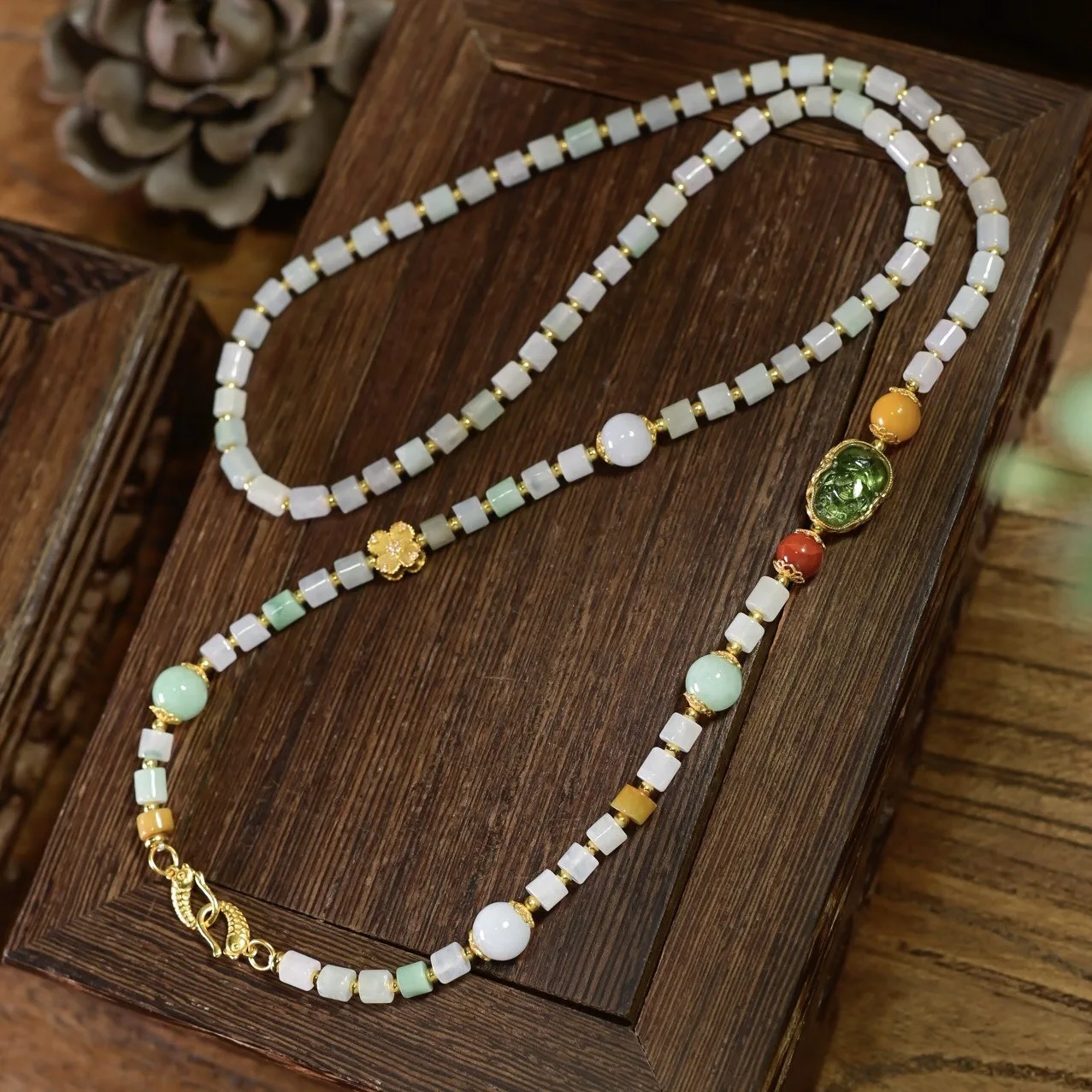 Natural Bamboo Joint Jadeite Universal Necklace, Amber, Red Agate, Green Tourmaline Pixiu,925 Silver Chinese Multi Gem Chain