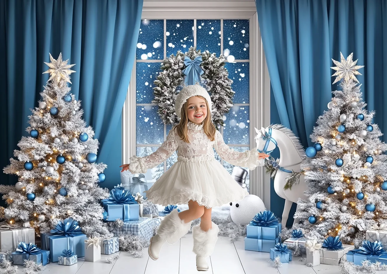 Christmas Backdrop White Winter Trees Wreath Presents Rocking Horse Snowman Blue Curtain Night Background Photo Studio Photocall